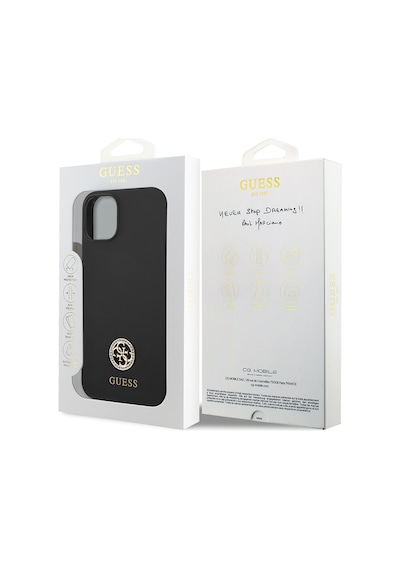 Apple Uyumlu iPhone 14 Kılıf Guess Lisanslı Yazı Ve Taşlı 4g Logolu Silikon Kapak Siyah