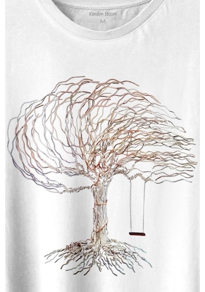 Hayat Ağacındaki Kırmızı Salincak Kuru Ağaç Baskılı Tişört Unisex T-shirt 001
