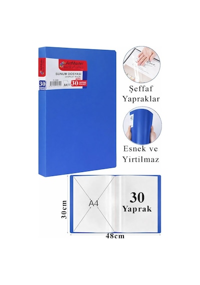 Mavi Sunum Dosyası 30 Lu 1 Adet Poşet Dosyalı Katalog Dosyası 30 Poşetli Kendinden Dosya Plastik Kapaklı