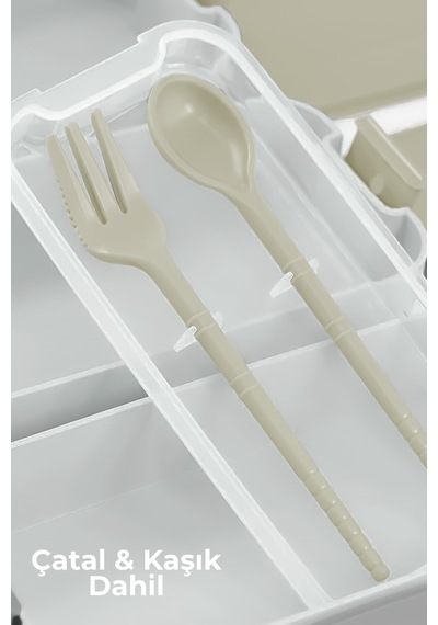 3 Katlı Bölmeli Lunchbox - Kilitli - Taşıma Saplı - Kaşık & Çatal Dahil G-770 Krem Krem