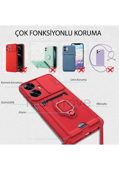 Xiaomi Redmi Note 11 Kılıf Kamera Koruma Sürgülü Kartvizitli Kartlıklı Standlı İpli Renkli Kapak