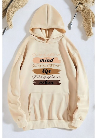 Uyguntarz Mind Life Vibes Baskılı Oversize Sweatshirt Bej
