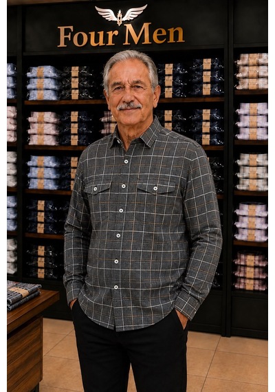 Eren Style Linen Keten Klasik Uzun Kollu Kapaklı Çift Cepli Gömlek Antrasit