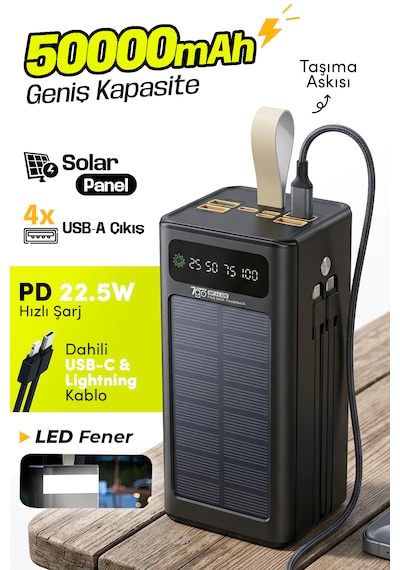7go Gpw-01 50.000 Mah Solar Powerbank 22.5 W Hızlı Şarj, Dahili Kablolu, Led Ekranlı Taşınabilir Ş Siyah