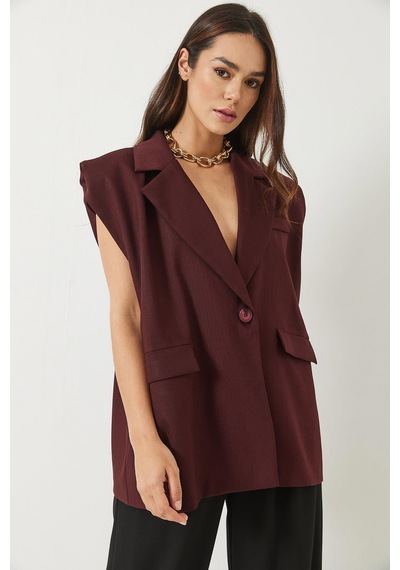 Shade Kadın Cep Detaylı Kemerli Vatkalı Oversize Astarlı Blazer Yelek 11143 60281003 - Bordo