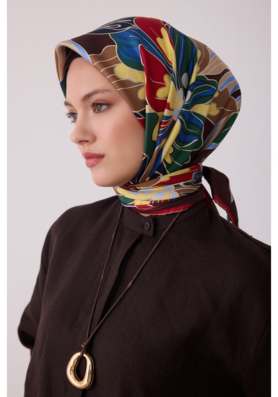 Belli Çiçek Desen %100 Twill İpek Eşarp Be13 Kahverengi