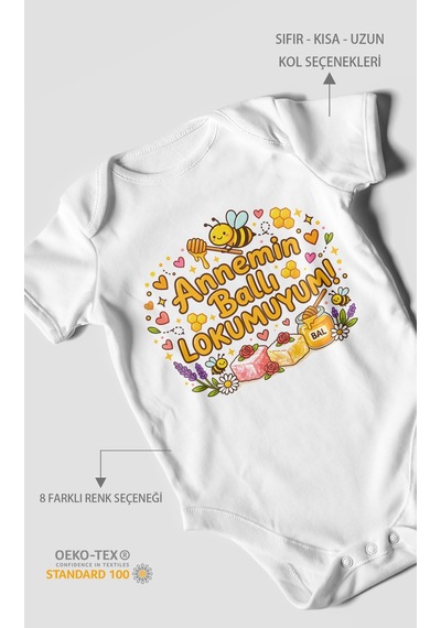 Morivokids Annemin Ballı Lokumuyum Kısa Kollu Bebek Body %100 Pamuk Beyaz