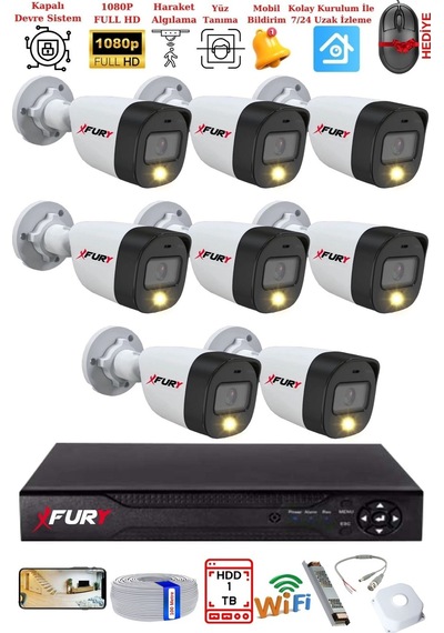 Fury 8 Kameralı 5mp Lens 2 Mp Görüntü Gece Renkli Full Hd Ultra Led Akıllı Güvenlik Kamerası Seti 1 Tb
