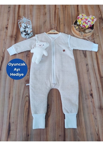 Tomuycuk Kışlık Bebek Çocuk Uyku Tulumu %100 Pamuklu Fermuarlı Ayaklı Uyku Arkadaşı 1 -2 2-3 3-4 Yaş Bej