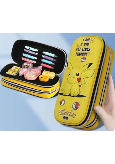 Pokemon Pikachu Büyük Kapasiteli Çift Fermuarlı 3d Sert Kapaklı Kalem Kutusu