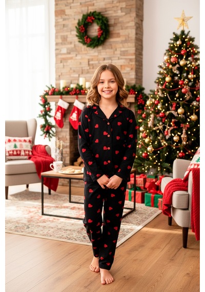 Kız Çocuk Kalp Baskılı Kadife/süet Pijama Takımı -12490 Siyah