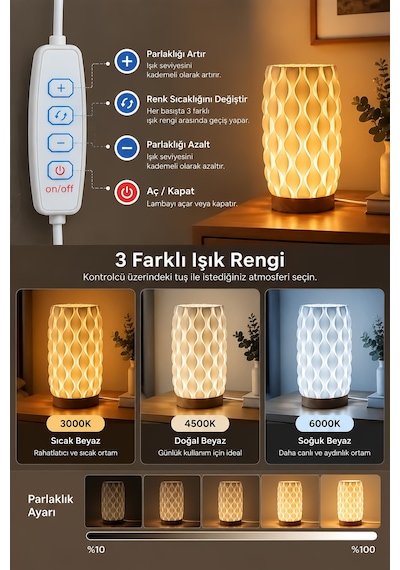Dekoratif Masa Lambası 3 Renk Işık Abajur Parlaklık Ayarlı Gece Masa Üstü Lamba Kablolu 334 Kahverengi