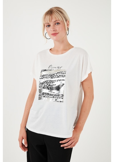 Lela Baskılı Bisiklet Yaka Regular Fit Bayan T Shirt 6671000 Ekru