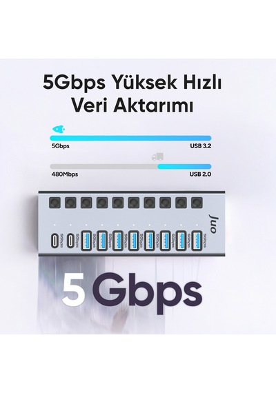 Juo Usb-a 10 Portlu Anahtarlı 8 Usb-a 2 Type-c 5gbps Usb 3.1 Çoklayıcı Dönüştürücü Hub