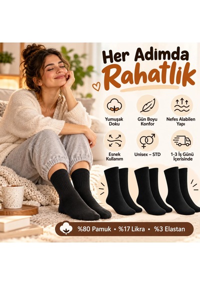Teorastore Unisex Siyah Soket Çorap 3'lü Set Düz Basic Ribanalı Günlük Spor Esnek Rahat Uzun Çorap Konforlu Set