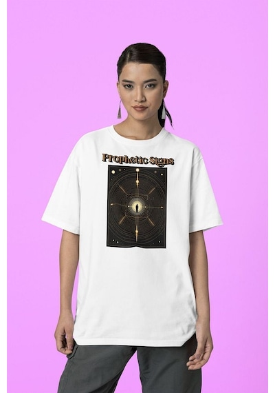 Sevbano Prophetic Signs Baskılı Unisex Tişört, Oversize Tişört Beyaz