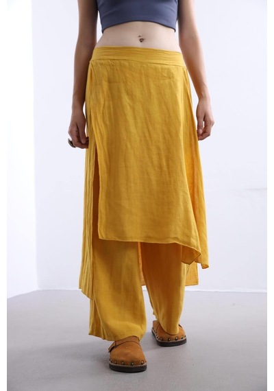 Bohem Stil İtalyan Ham Keten Pantolon Etek-8747 Hardal