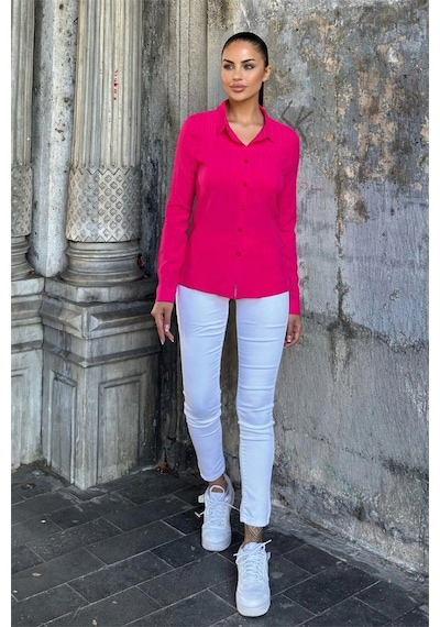 WeShaya Fuşya Uzun Kol, Çizgili Desen, Maya Gömlek Fuşya