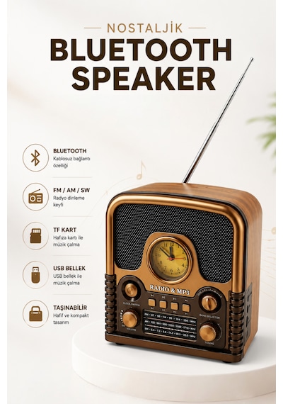 Retro Bluetooth Hoparlör Radyo Fm Am Sw Radyo Bluetooth 5.0 Tf Kart Usb Destekli Ahşap Nostaljik Tasarım Taşınabilir Kablosuz Speaker