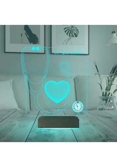Luvivia Doktora Hediye Steteskop Kişiye Özel Metal Saatli 3d Lamba - Masa Gece Lambası Şeffaf