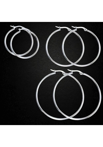 Çelik Küpe 3'lü Büyük Halka 2 Mm Kalınlık 3-4-5 Cm Uzunluk Gümüş Silver Gümüş