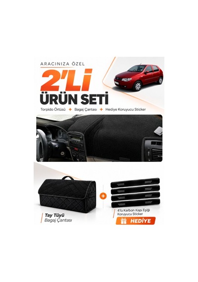 Fıat Palio 2005-2012 Uyumlu Torpido Örtüsü + Tay Tüyü Bagaj Çantası + Sticker Seti - Siyah