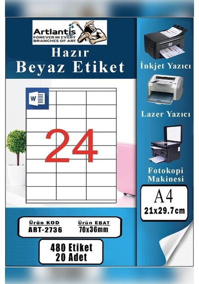 A4 Hazır Etiket 70x36 Mm 20 Sayfa 1 Paket 24 Lü Kendinden Yapışkanlı Fotokopi Lazer İnkjet Kağıdı Yazıcılar İçin Uyumlu