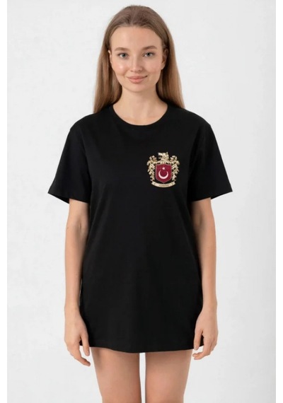 Efnaz Style Türk Arma Baskılı Oversize Bisiklet Yaka Günlük T-shirt - Siyah