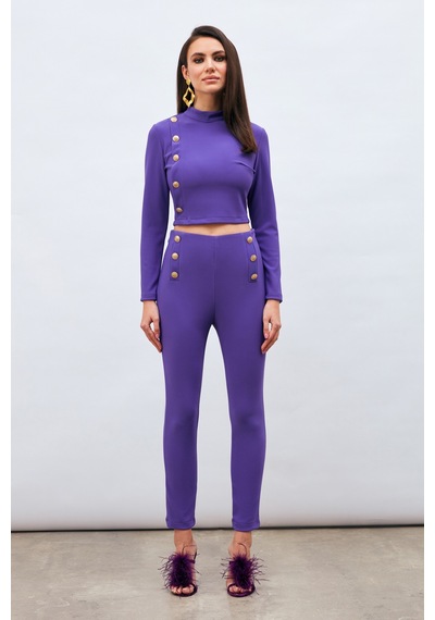 Sateen Düğme Detaylı Pantolon - Mor-132977 Mor