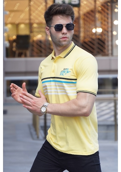 Madmext Sarı Çizgili Polo Yaka Tişört 5869-Sarı