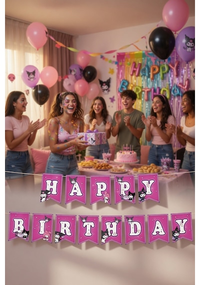 Kuromi Happy Birthday Banner Flama 17x170 Cm Asmalı Doğum Günü Parti Süsü Genel