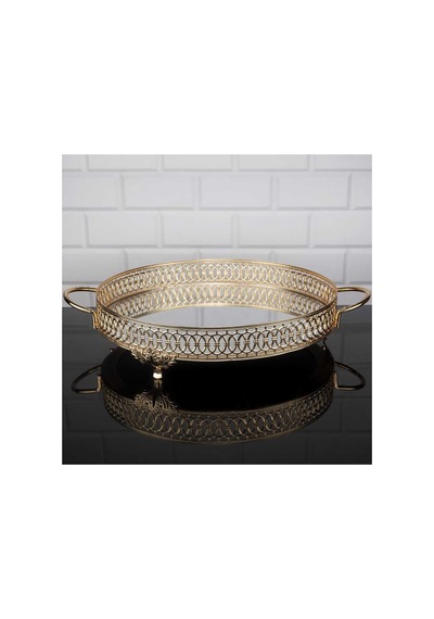 Aynalı Tepsi Dekoratif Sunum Tepsisi Yuvarlak Metal Gold 35 Cm Lulu Model