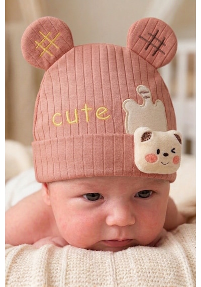 Kayra Baby Erkek Bebek Cute Ayıcık Figürlü Penye Şapka 0-9 Ay Kahverengi