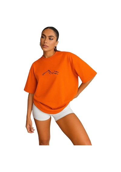 Dağ Baskılı Kadın Oversize Unisex Tişört Turuncu