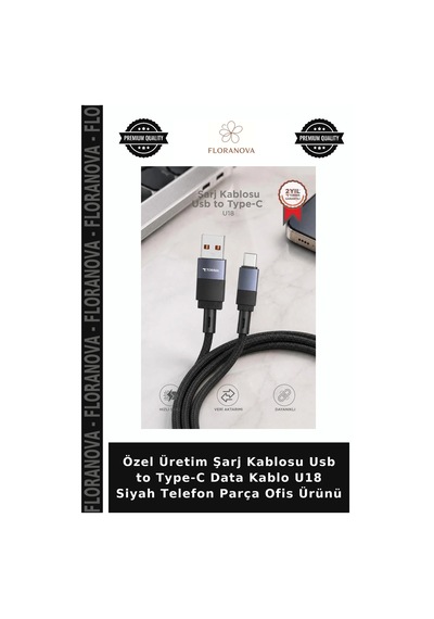 Özel Üretim Şarj Kablosu Usb To Type-c Data Kablo U18 Siyah Telefon Parça Ofis Ürünü