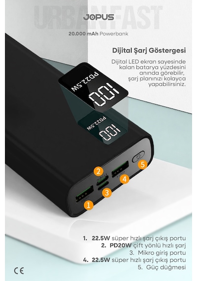 Jopus 20000mah Powerbank Pd 22.5w Hızlı Şarj - Dijital Ekranlı - Taşınabilir Şarj Cihazı Siyah