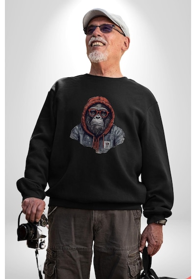 Kırmızı Gözlük Çeket Maymun Unisex Siyah Baskılı Sweatshirt Siyah