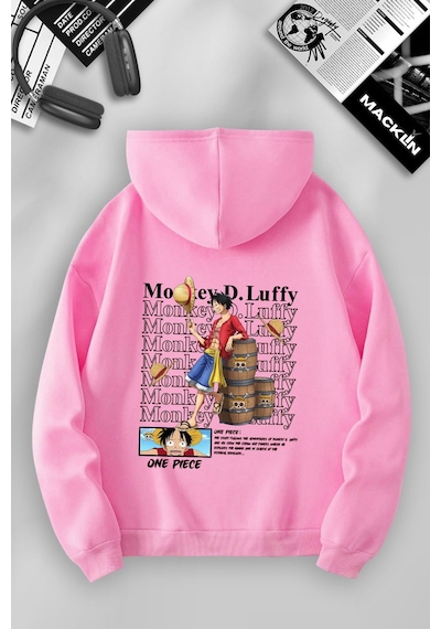 Macklin Unisex Kadın Erkek One Piece Monkey D Luffy Anime Özel Tasarım Baskılı Kapşonlu Sweatshirt Pembe Mck1207 Pembe