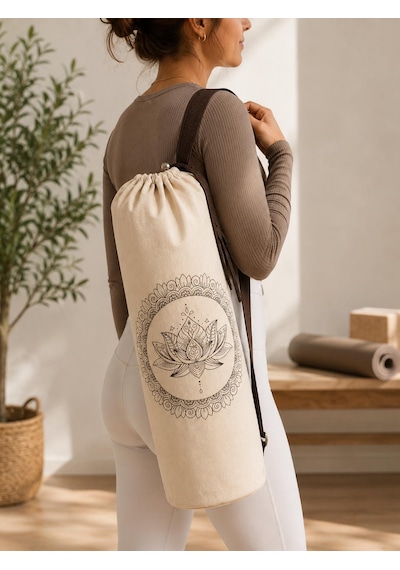 Yoga Mat Taşıma Çantası Hayat Ağacı Lotus Namaste Desenli Hambez Kanvas 70x21 Cm Açık Kahverengi