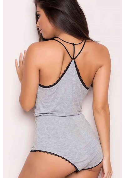 Merry See Gri Dantel İşlemeli Birleşik Şortlu Pijama