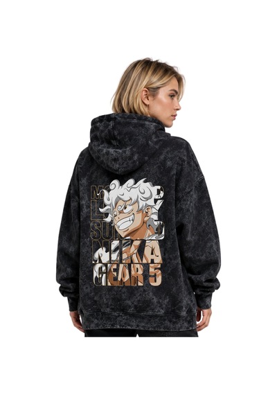 Sevbano One Piece Monkey D. Luffy Nika Gear 5 Anime Baskılı Unisex Oversi Siyah