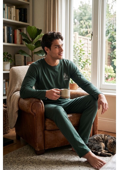 Buratti Minimal Baskılı Pamuklu Uzun Kollu Pijama Takımı Erkek Pijama Takımı 6575005 Yeşil