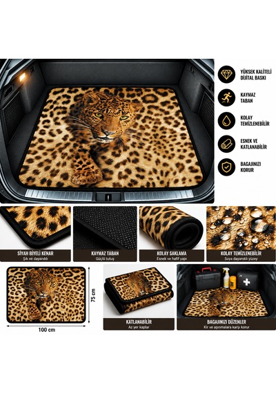 Jaguarlı Oto Bagaj Halısı 75x100 Cm Kaymaz Tabanlı, Siyah Biyeli, Dijital Baskılı, Dekoratif Araç Bagaj Paspası