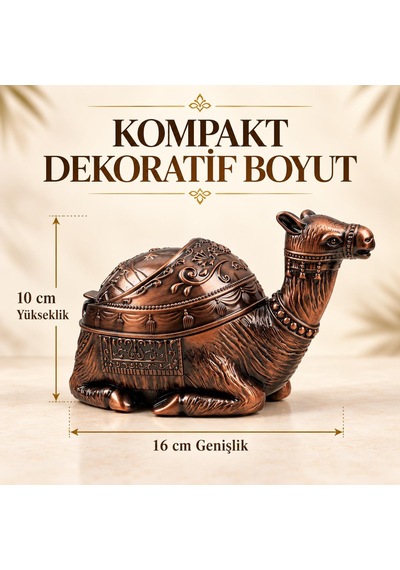 Lüks Alaşım Metal Deve Figürlü Kapaklı Dekoratif Küllük Takı Saklama Kutusu Metal Biblo 16 X10 Cm.