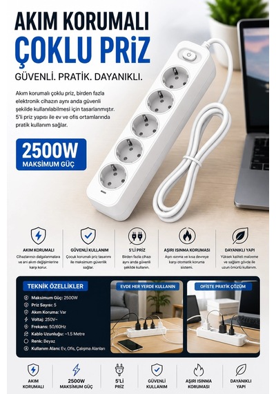 Akım Korumalı 5 Li Çoklu Priz 2500w Güçlü Uzun Kablolu Güvenli Kullanım 2 M