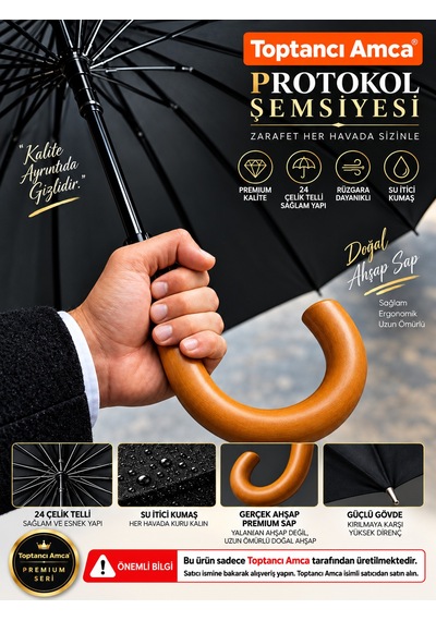 Toptancı Amca Şemsiye 24 Tel Bay Lüx Baston Ahşap Sap Sky-60 120 Cm Çap Gerçek Fiber İskelet Siyah