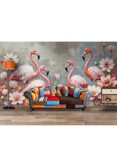 Flamingolar Renkli Çiçekler Poster Duvar Kağıdı