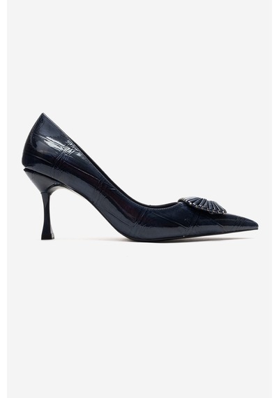 Luvishoes Rebel Lacivert Baskılı Tokalı Kadın Topuklu Ayakkabı Lacivert
