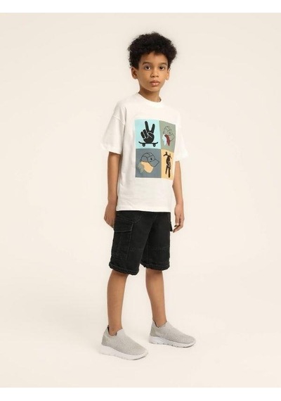 Escabel Erkek Çocuk Şapka Desenli Tasarım Pamuklu T-shirt-15627 Beyaz