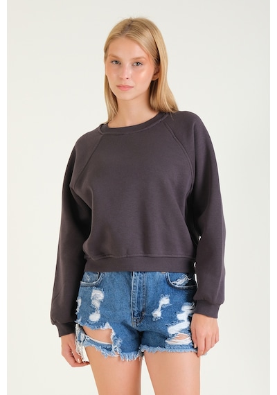 Giyim Dünyası Kadın 3 İp Şardonlu Sıfır Yaka Oversize Sweatshirt Füme 001
